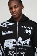Oversized Boxy Moto Racing Flame Zip Through Hoodie
