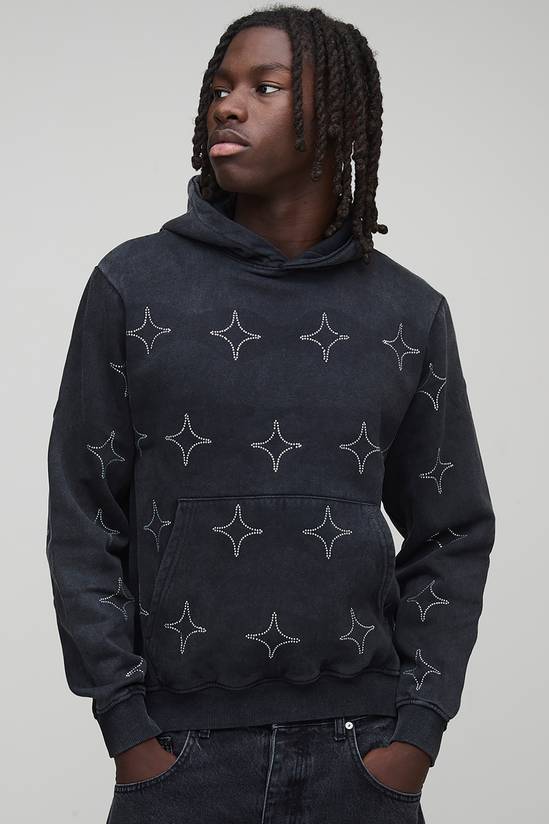 Boxy Washed All  Over Rhinestone Hoodie