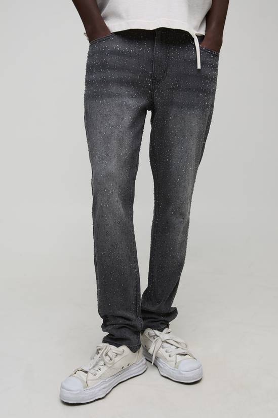 Slim Flared Clear Rhinestone Embellished Denim Jeans