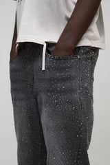 Slim Flared Clear Rhinestone Embellished Denim Jeans