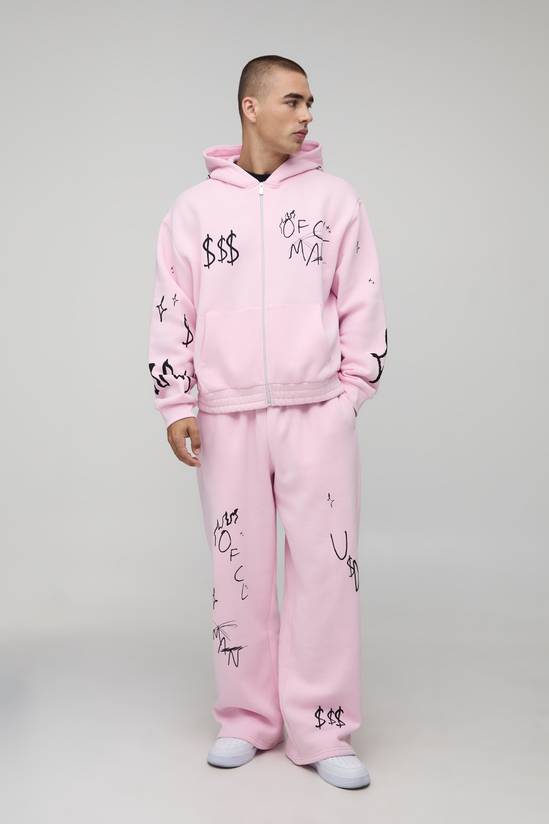 Oversized Boxy Graffiti Graphic Zip Through Hoodie