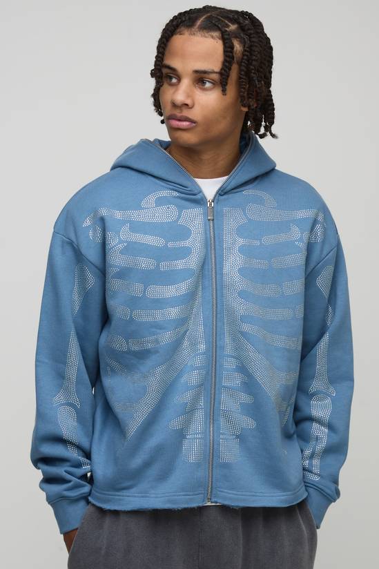 Oversized Boxy Diamante Skeleton Zip Through Hoodie