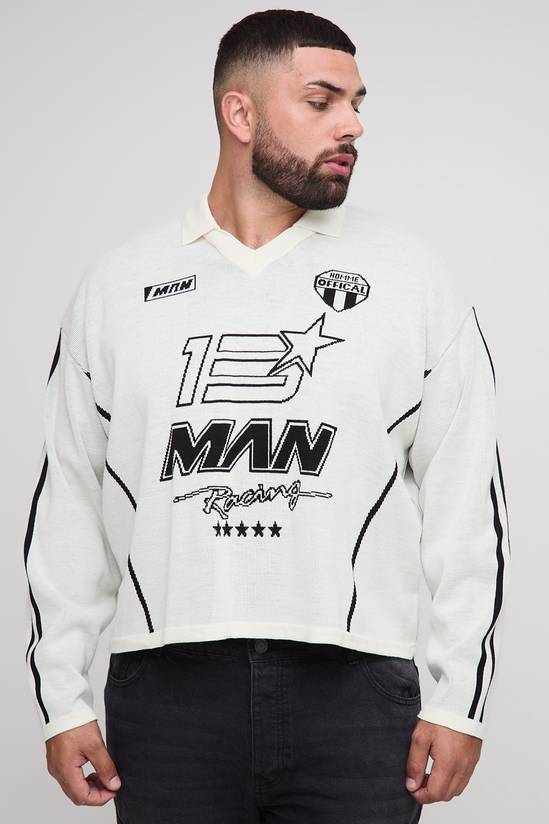 Plus Oversized Boxy Moto Jacquard Knitted Long Sleeve T-Shirt