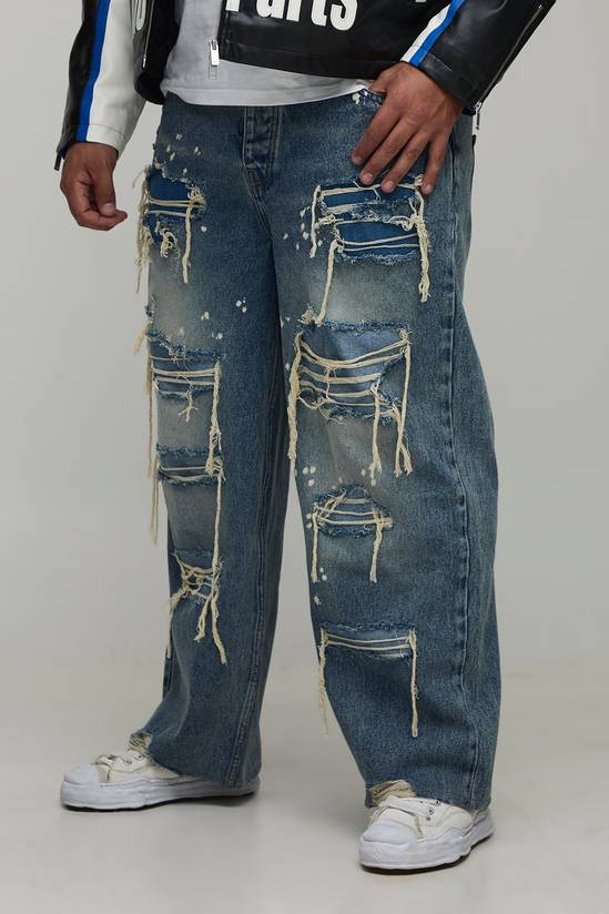 Plus Relaxed Fit Washed Paint Splatter Ripped Jeans