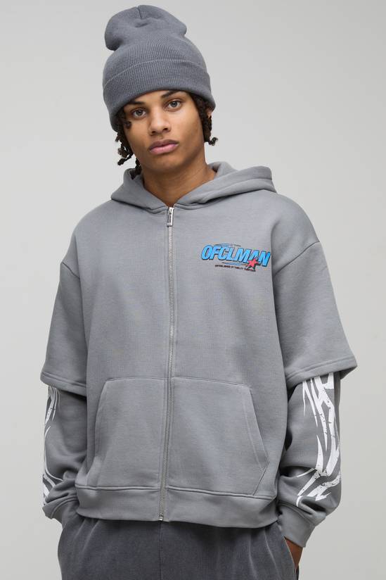 Oversized Boxy Moto Zip Through Faux Layer Hoodie