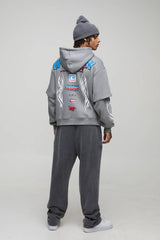 Oversized Boxy Moto Zip Through Faux Layer Hoodie