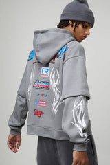 Oversized Boxy Moto Zip Through Faux Layer Hoodie