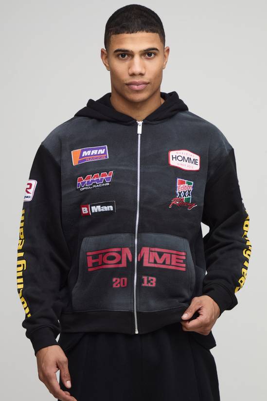 Oversized Boxy Moto Applique Zip Through Hoodie