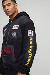Oversized Boxy Moto Applique Zip Through Hoodie