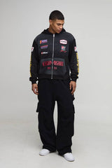 Oversized Boxy Moto Applique Zip Through Hoodie