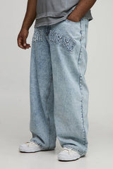 Plus Acid Wash Applique Relaxed Fit Jeans