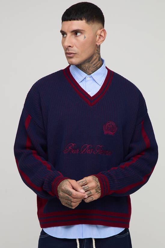 Tall Oversized Knitted Embroidered V Neck Football Top