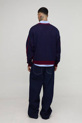 Tall Oversized Knitted Embroidered V Neck Football Top