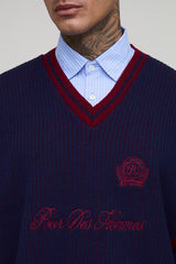 Tall Oversized Knitted Embroidered V Neck Football Top