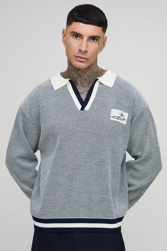 Tall Contrast Edge Open Knit Boxy Oversized Polo Neck Jumper