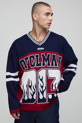 Man Flame Varsity Jacquard Knitted Hockey Sports Top
