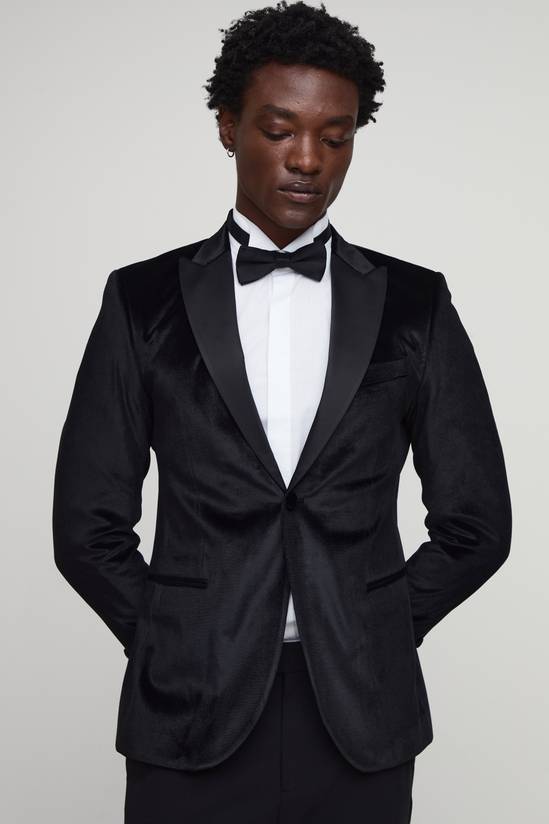 Skinny Fit Satin Lapel Velvet Blazer