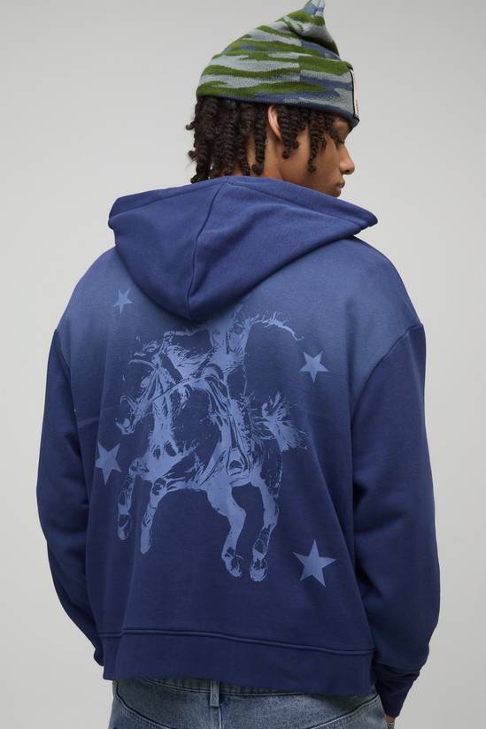 Navy Oversized Boxy Man Tonal Western Loopback Printed Hoodie