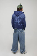 Navy Oversized Boxy Man Tonal Western Loopback Printed Hoodie
