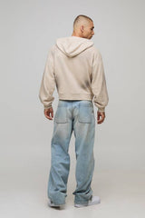 Stone Shrunken Fit America Western Distressed Washed Printed Zip Through Hoodie