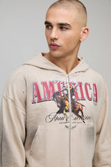 Stone Shrunken Fit America Western Distressed Washed Printed Zip Through Hoodie