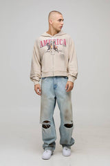 Stone Shrunken Fit America Western Distressed Washed Printed Zip Through Hoodie