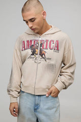 Stone Shrunken Fit America Western Distressed Washed Printed Zip Through Hoodie