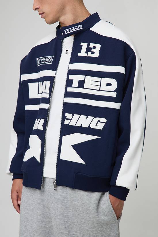 Boxy Fit Moto Biker Neck Jersey Varsity Jacket