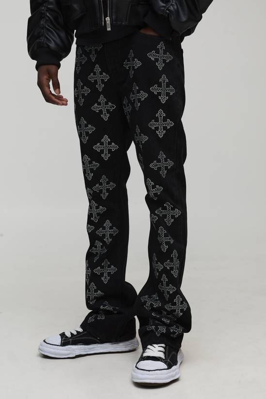 Stacked Flared Cross Rhinestone Embellished Denim Jeans