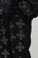 Stacked Flared Cross Rhinestone Embellished Denim Jeans