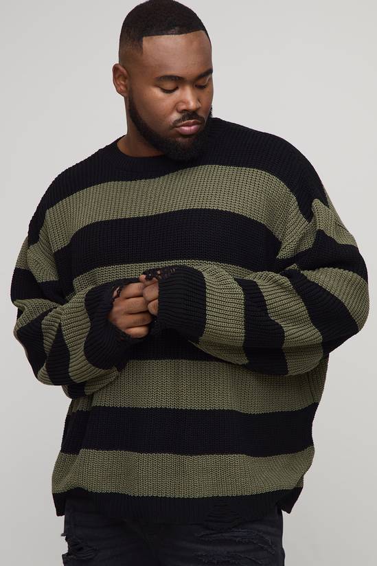 Plus Oversized Boxy Stripe Distressed Knitted Jumper