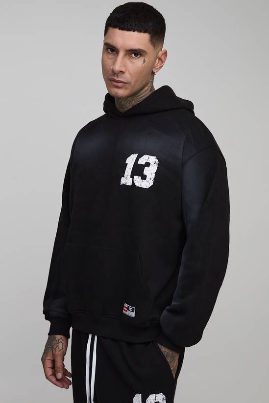 Tall Oversized Boxy Spray Wash 13 Print Hoodie