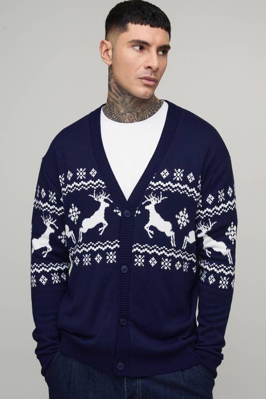 Tall Reindeer Fair Isle Relaxed Christmas Cardigan