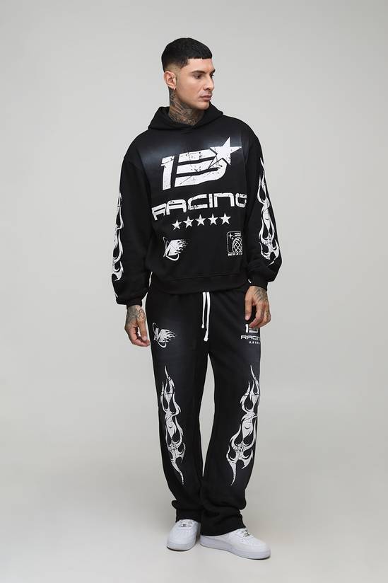 Tall Oversized Boxy Spray Wash Moto Print Hoodie & Baggy Jogger Tracksuit