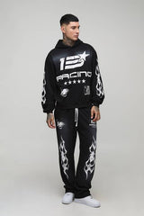 Tall Oversized Boxy Spray Wash Moto Print Hoodie & Baggy Jogger Tracksuit