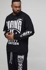 Plus Oversized Faux Layer Racing Print T-Shirt & Baggy Flat Knit Drawcord Jogger Tracksuit