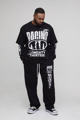 Plus Oversized Faux Layer Racing Print T-Shirt & Baggy Flat Knit Drawcord Jogger Tracksuit