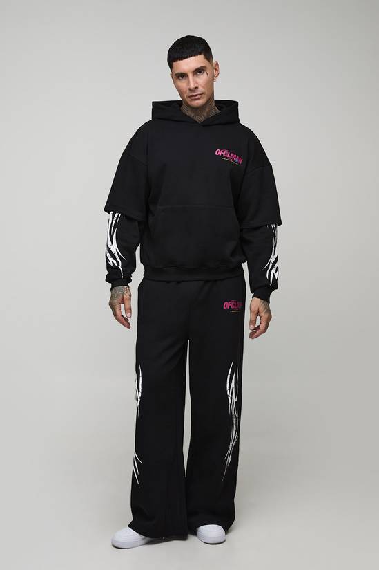 Tall Oversized Faux Layer Moto Print Hoodie & Extreme Wide Leg Jogger Tracksuit