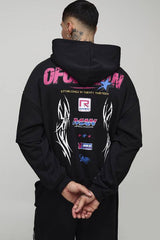 Tall Oversized Faux Layer Moto Print Hoodie & Extreme Wide Leg Jogger Tracksuit