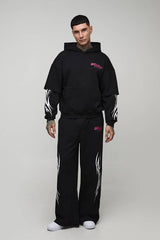 Tall Oversized Faux Layer Moto Print Hoodie & Extreme Wide Leg Jogger Tracksuit
