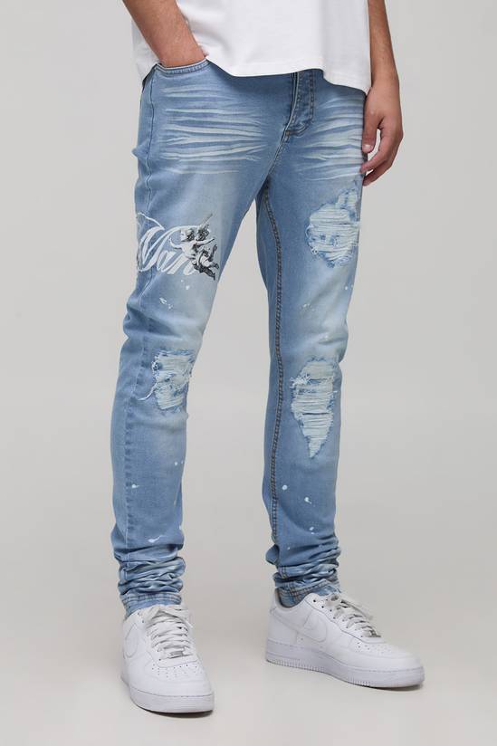 Skinny Stacked Printed Rip & Repair Denim Jeans