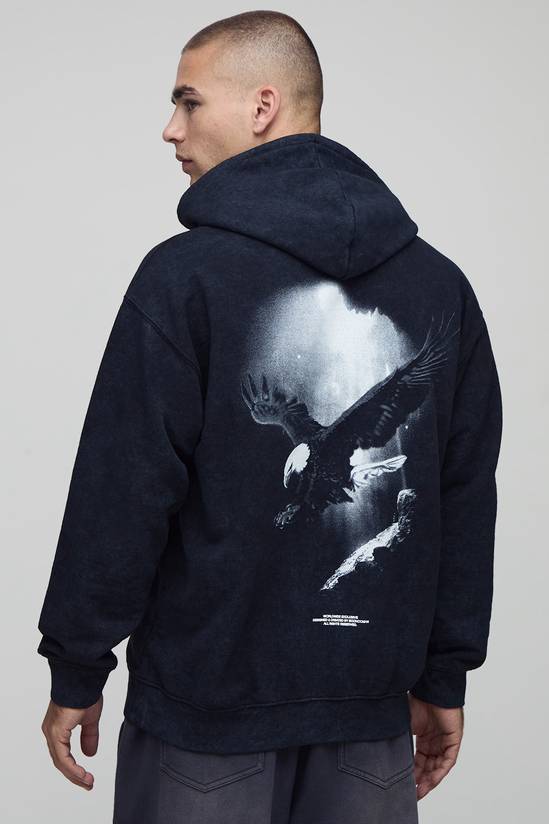 Charcoal Oversized Eagle Printed Washed Hoodie