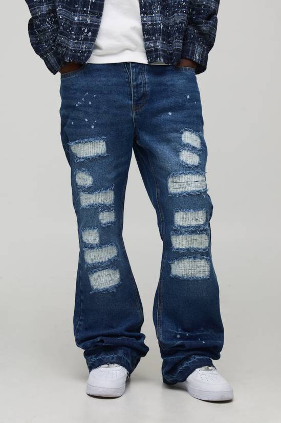 Straight Flared Stacked Stitch Ripped Detail Jeans