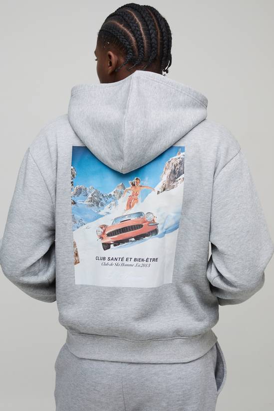 Oversized Boxy Graphics Zip Through Hoodie