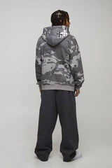 Oversized Cross Applique Camo Zip Through Hoodie