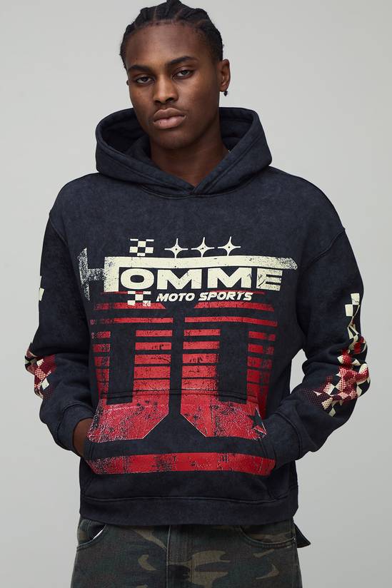 Oversized Boxy Washed Black Moto Racing Graphic Hoodie