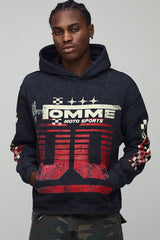 Oversized Boxy Washed Black Moto Racing Graphic Hoodie