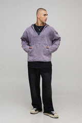 Oversized Drop Shoulder V Neck Washed Distressed Hoodie