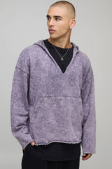 Oversized Drop Shoulder V Neck Washed Distressed Hoodie