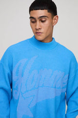 Oversized Extended Neck Rib Varsity Knitted Jumper